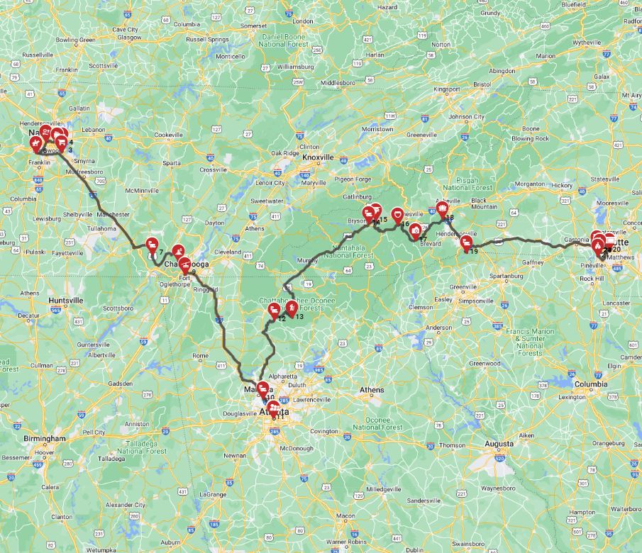 Nashville to Charlotte - Music Nature and Adventure